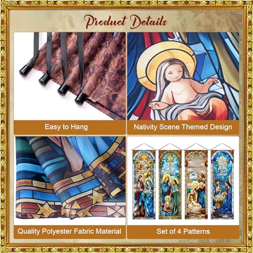 Image of Panelee 4 Pcs Nativity Scene Banner Religious Christmas Backdrop Holy Nativity Stained Glass Style Wall Decorations Jesus Porch Sign for Xmas Indoor Outdoor Church Wall Hanging Decor