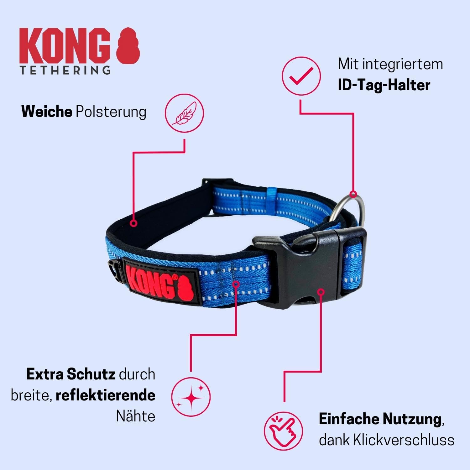 KONG Nylon Hundehalsband Größe L – Pink, Gepolstert, Reflektierend, Mit Schnallenverschluss