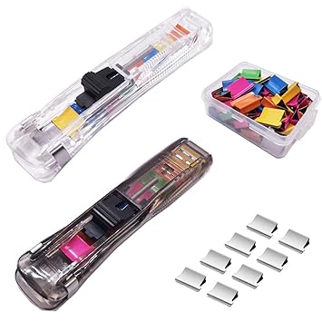 SXWLJT Handheld Clip Clamp Pusher Staplers,Universal Clamp Clip Dispenser with 58 Pieces Reusable Stainless Steel Paper Clamps Refill Binder Paper Clips Holder Black