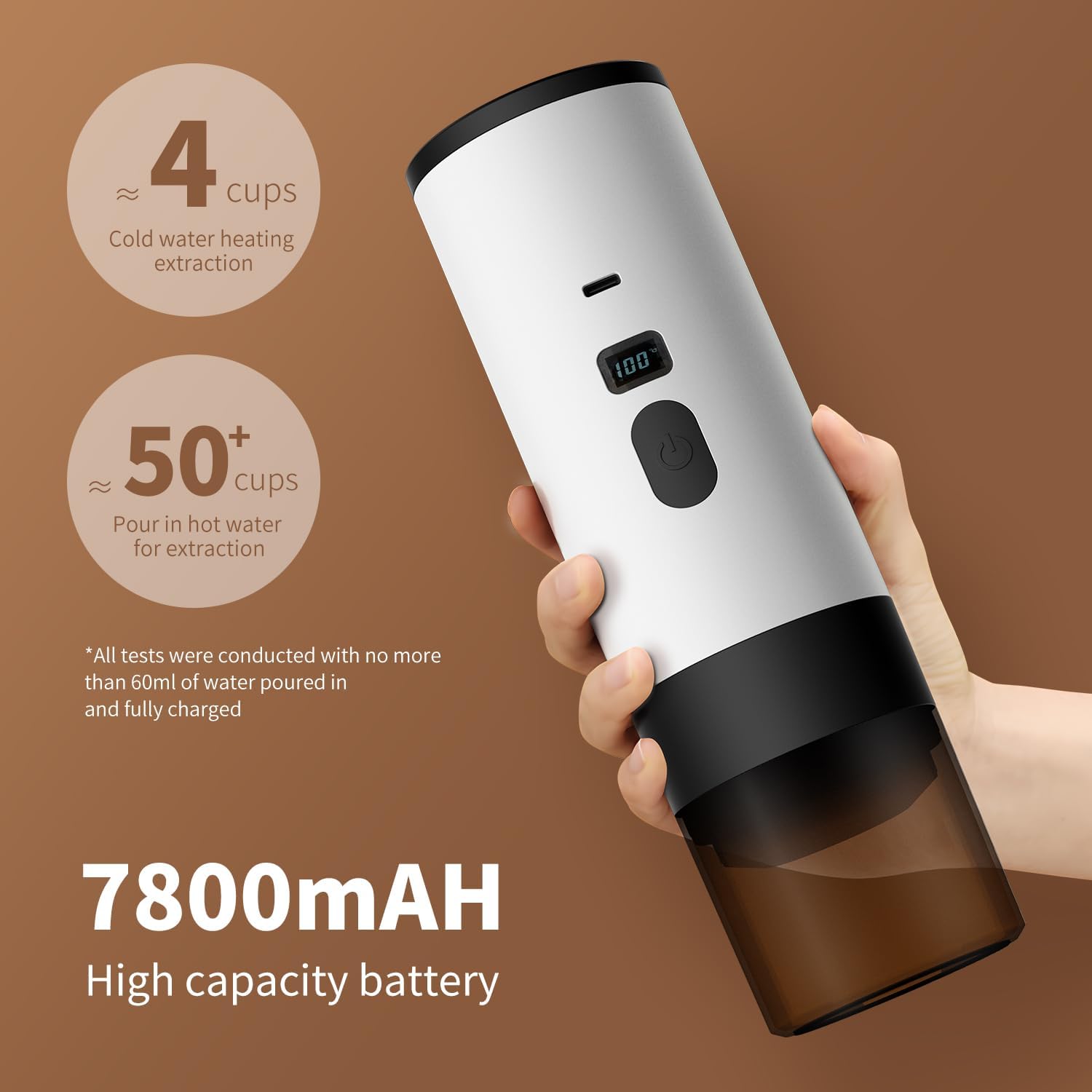 Cafetera portátil 3 en 1 con pantalla LED, tanque de 90 ml, autocalentamiento, compatible con café molido y cápsulas de espresso