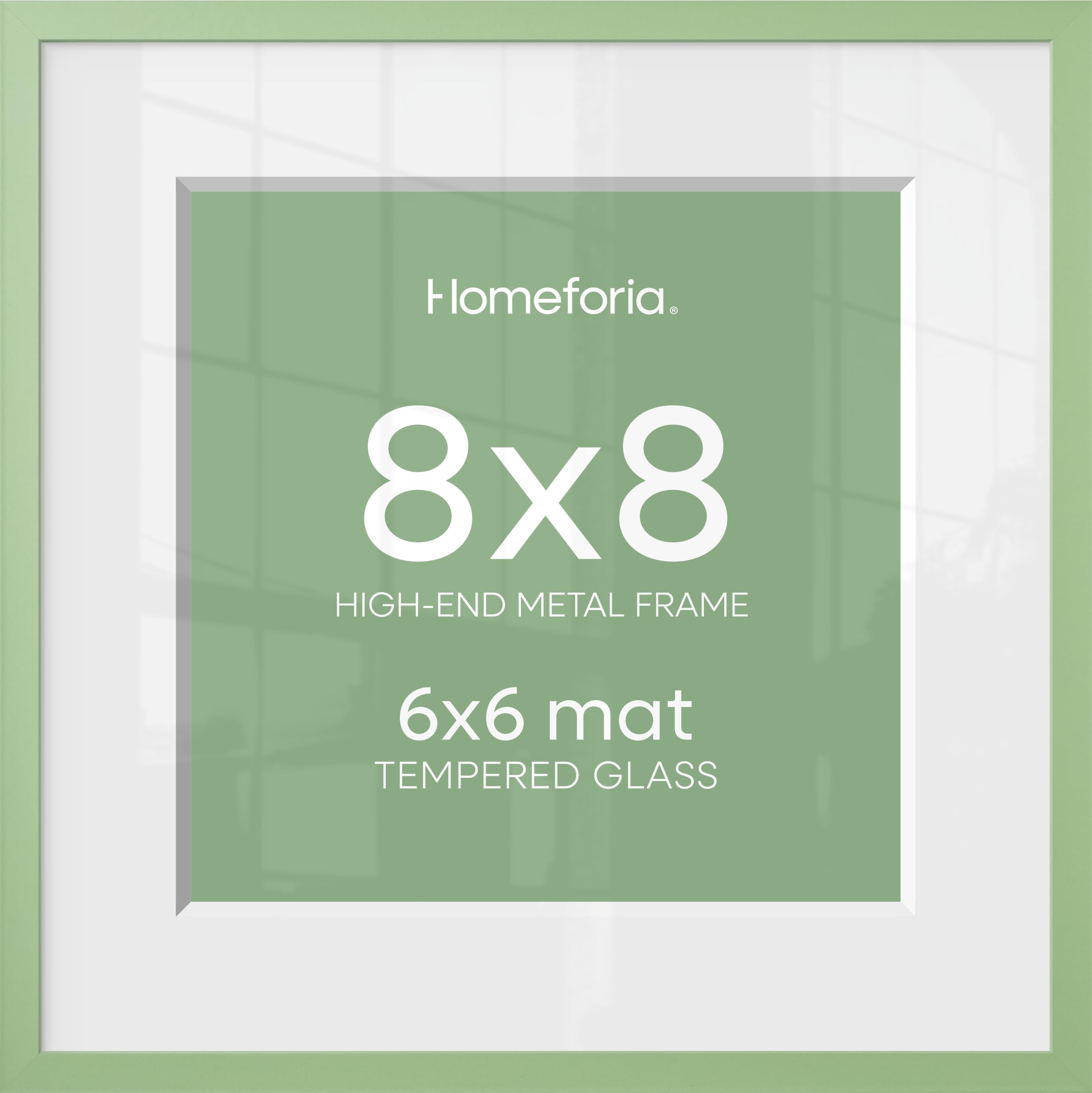 Homeforia 8x8 Green Picture Frame, High-End Metal, 6x6 Mat, Glass | High End Aluminum, Tempered Glass, Acid-Free 6x6 Removable Mat, 8x8 in Edge-to-Edge Display 8x8, Wall Kit, Set Of 2