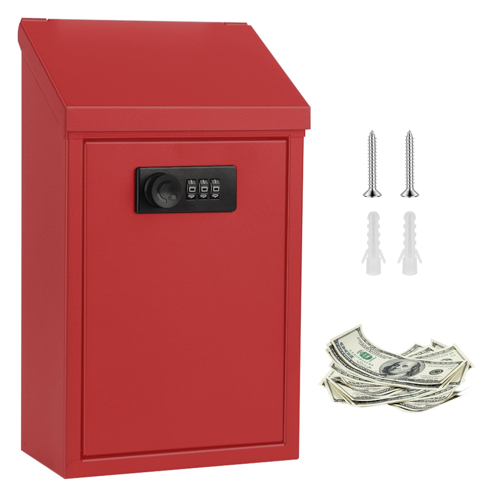 Les-Theresa Donation Box with Lock, Key Drop Box Wall Mounted Collection Box Metal Suggestion Box, Charity Donation Jar with Top Slot, Secure Cash Drop Box for Home Office Business (Combo Lock-Red)