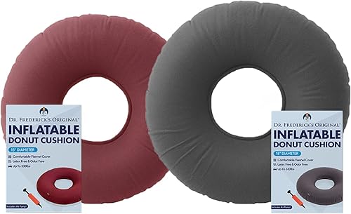Dr. Frederick's Original Cojín inflable de dona de 15 y 18 pulgadas para aliviar el dolor del coxis – Cojín de asiento para hemorroides, úlceras de