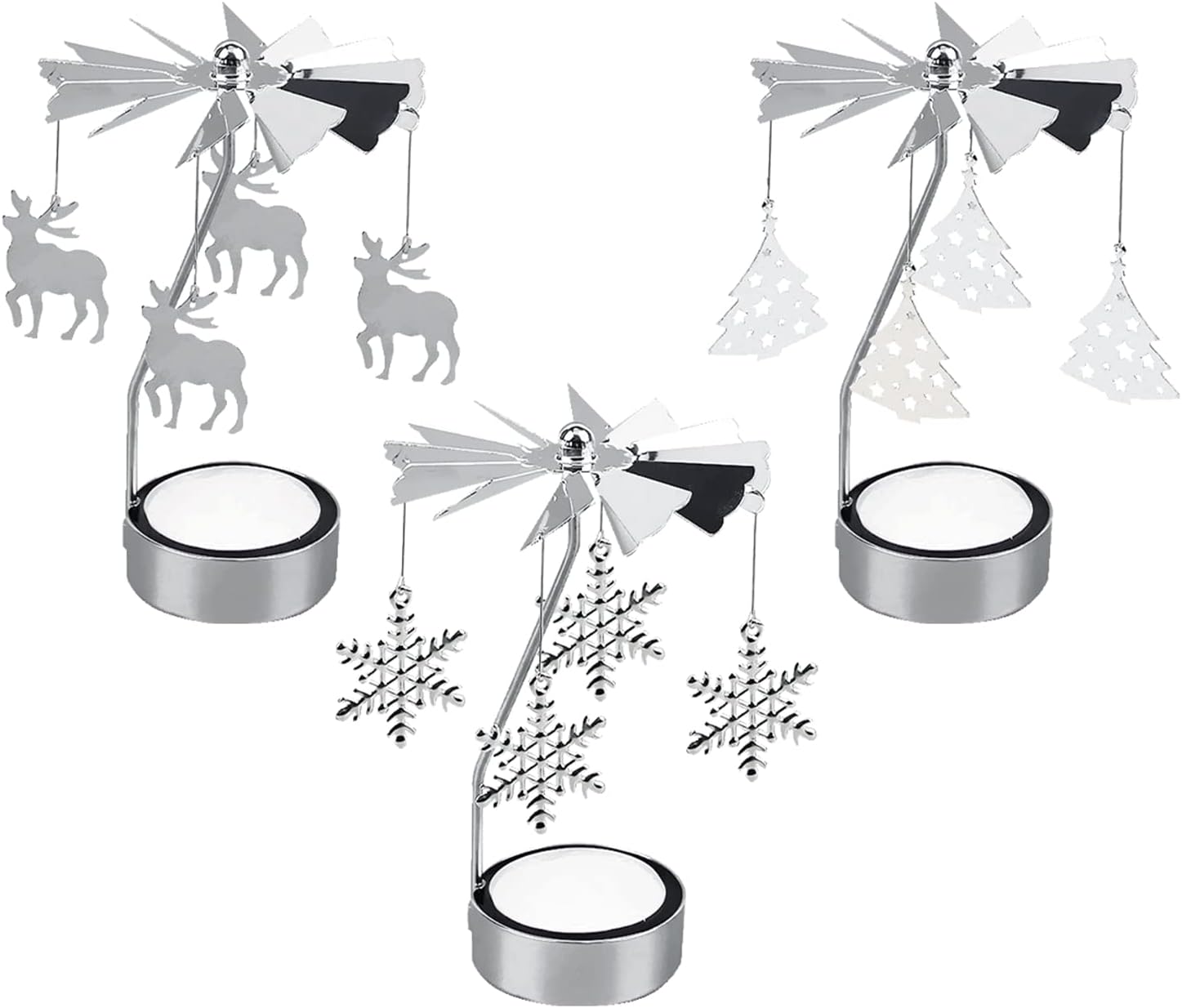 OLANZH Spinning Tea Light Holder,3Pcs Metal Rotating Candle Holder Christmas Metal Candlesticks Snowflake Reindeer Xmas Tree Design for Wedding Event Christmas