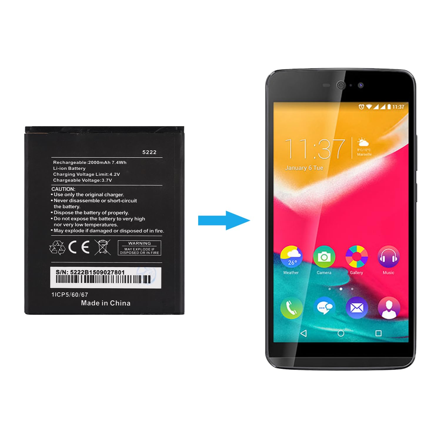 Batterie WIKO 5222 2000mAh | Compatible Wiko Freddy/Rainbow Jam/Lite | Lithium Polymère | Avec Outils