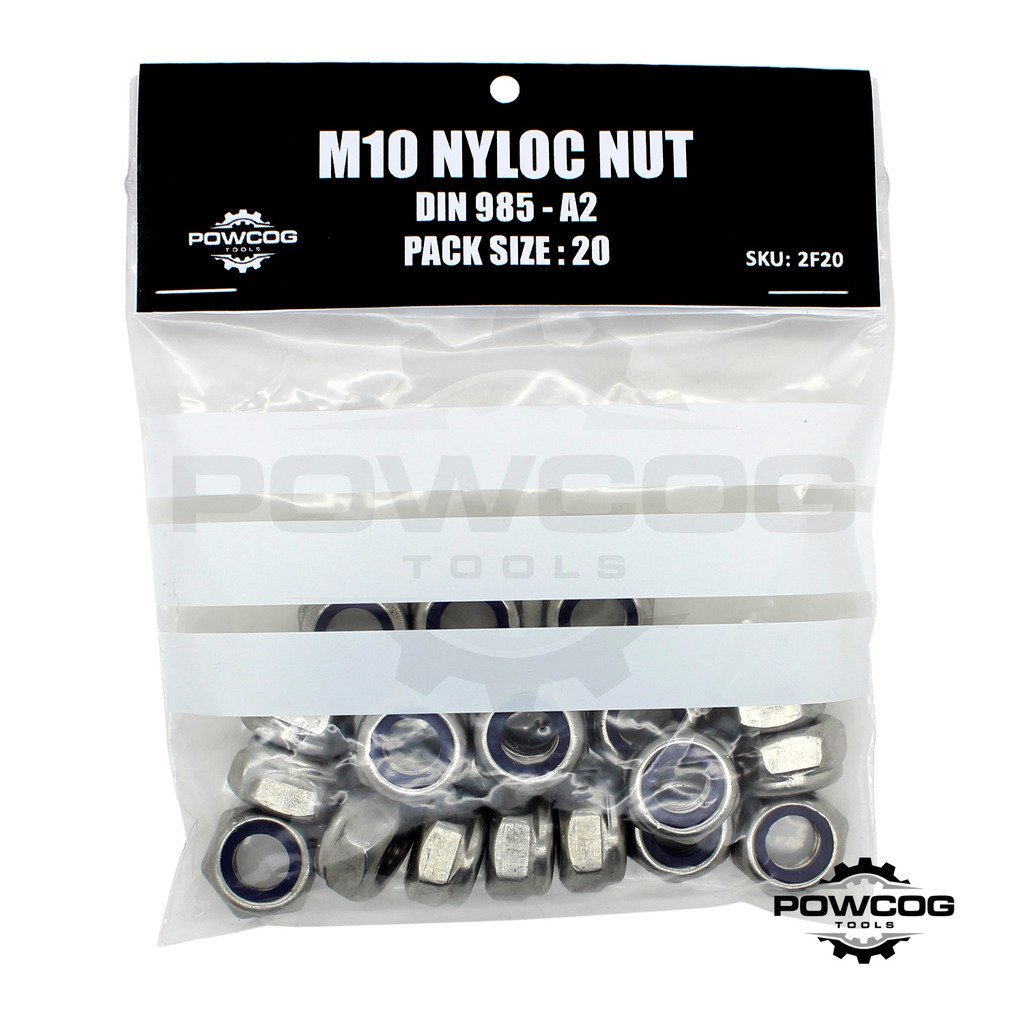 Powcog M10 Nyloc Nut - A2 Stainless Steel Lock Nuts Grade 304 Metric - Din 985 - By Powcog® - Pack Of 20