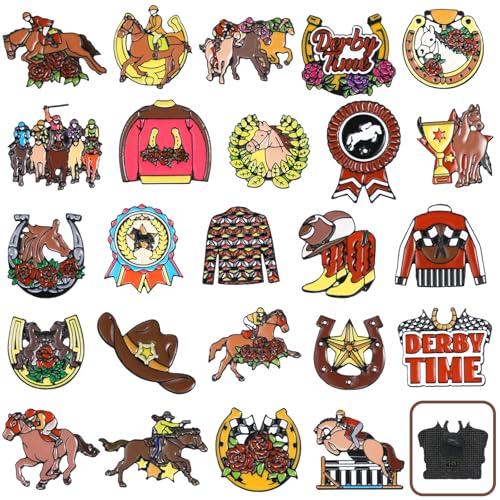 Image of Kosiz 24 Pcs Derby Day Enamel Pins Horse Racing Lapel Brooch Pins Rose Horseshoe Lapel Badge Western Derby Party Charm for Horse Race Lover Gifts Backpacks Cloths Hats Jewelry Set