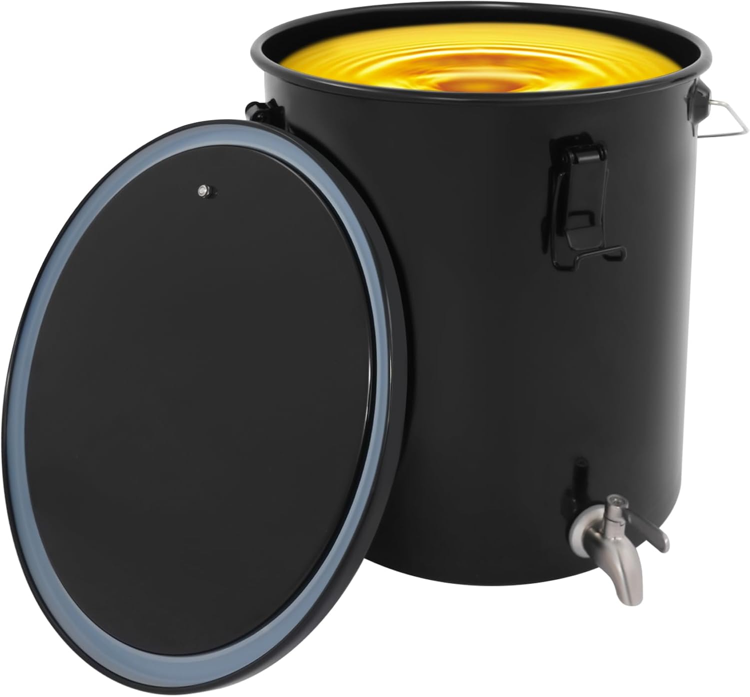 6Gal Fryer Grease Bucket, Carbon Steel Oil Disposal Caddy with Lid & Lock Clips, High Temperature Resistant Grease Transport Container,Grease Disposal Bucket with Faucet & Strainer Bags