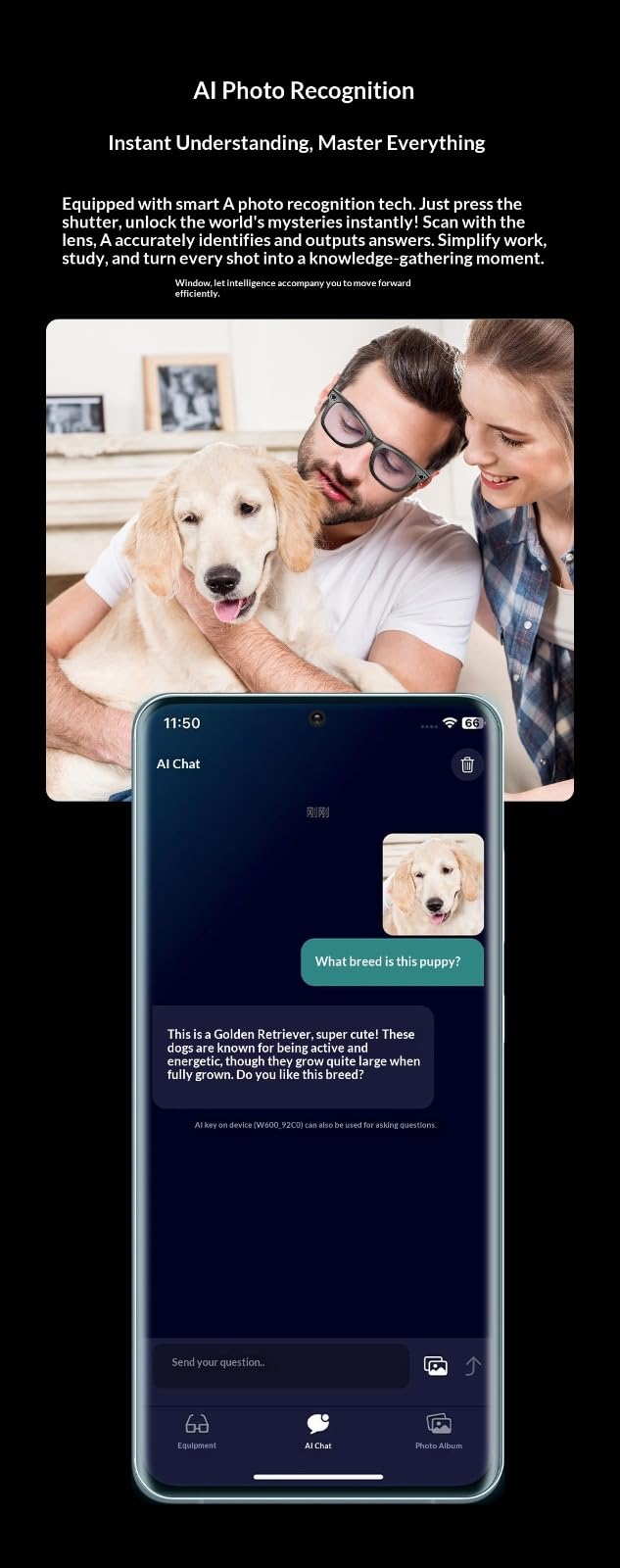 Occhiali intelligenti per traduzione e riconoscimento alimentati dall'AI, occhiali Bluetooth con fotocamera ad alta definizione, fotocamera da 8 MP, batteria da 260 mAh, traduzione in tempo reale