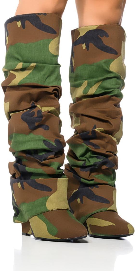 Arqa Women's Slouchy Ruched Fold Over Boots Covered Wedge Heel Knee High Cowboy Boots Wide Calf Pull on Pointed Toe Tall Booties