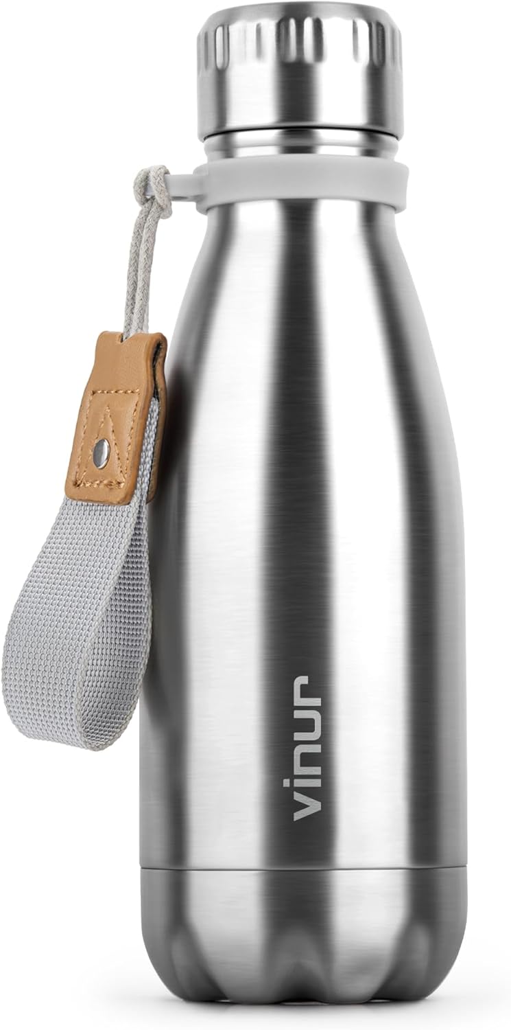 VINUR 9 oz Small Insulated Water Bottle for Kids Lunchbox -18/8 Stainless Steel Vacuum Leak-Proof Flask with Carry Rope for Sports Travel, Cola Shape, Silver