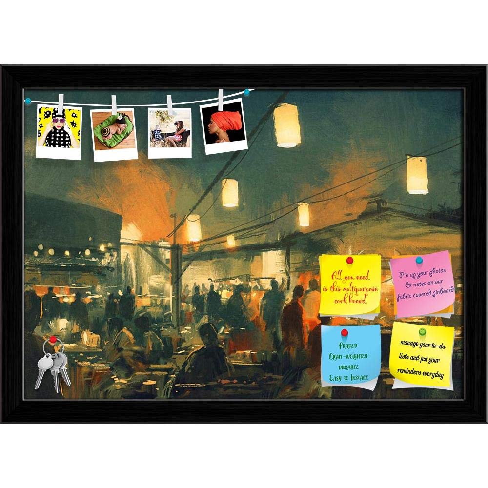ArtzFolio Crowd of People Walking in The Market Bulletin Board Notice Pin Board | Vision Soft Board Combo with Thumb Push Pins | Black Frame 22.2 x 16 inch (56 x 41 cms)