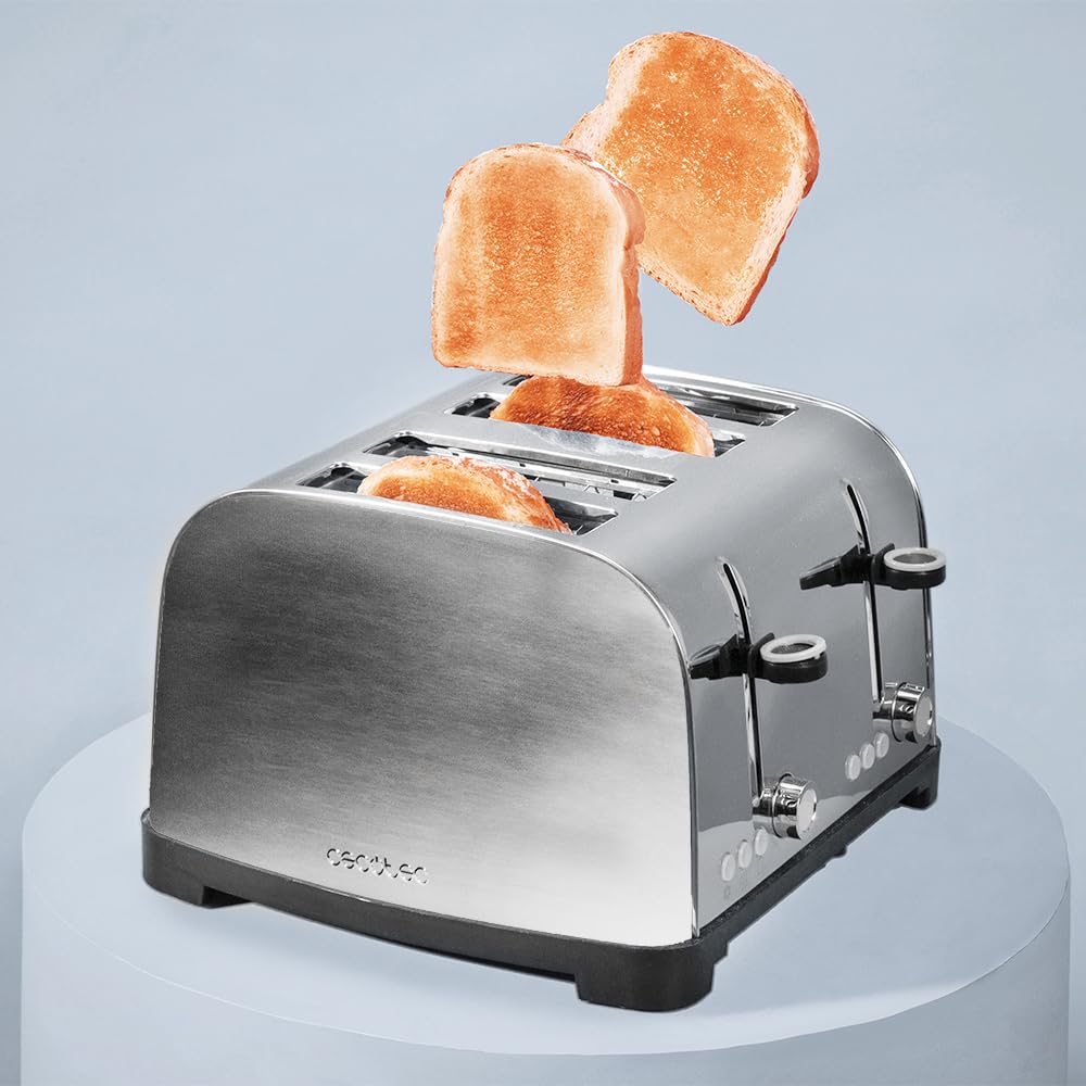 Cecotec Toster Pionowy 4 Gniazda Krótkie Toastin' time 1700 Double Inox. 1700 W, 4 kromki chleba, szerokie gniazdo 3,8 cm, 2 stojaki na bułki i tacę do zbierania, stal nierdzewna