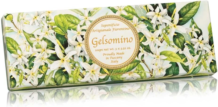 Gelsomino, gift box of Jasmine scented soap, round soaps sculpted with lily, pleated wrapping and label, 3 x 3.52 oz