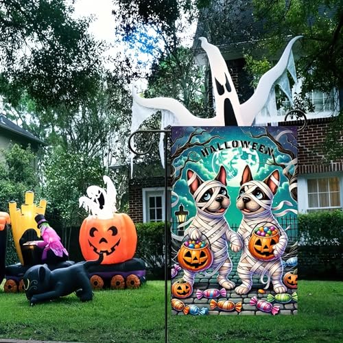 Image of Blissyard Halloween Mummy Dog Garden Flag 12x18 Inch Double Sided Cute French Bulldog Trick-or-Treat Garden Flag Pumpkin Candy Ghost Dog Flag Banner Holiday Small Halloween Yard Flags
