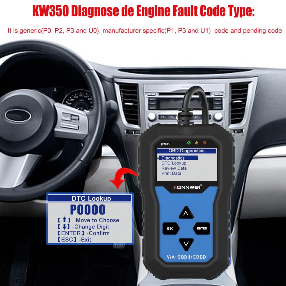 KONNWEI KW350 OBD2 Diagnosegerät fürs Auto, Profi KFZ Scanner für alle Fahrzeugsysteme, Fehlercodes lesen & löschen, OBDII/EOBD, Öl-Reset, EPB, Batterie, Drosselklappe, für VW Audi Skoda Seat