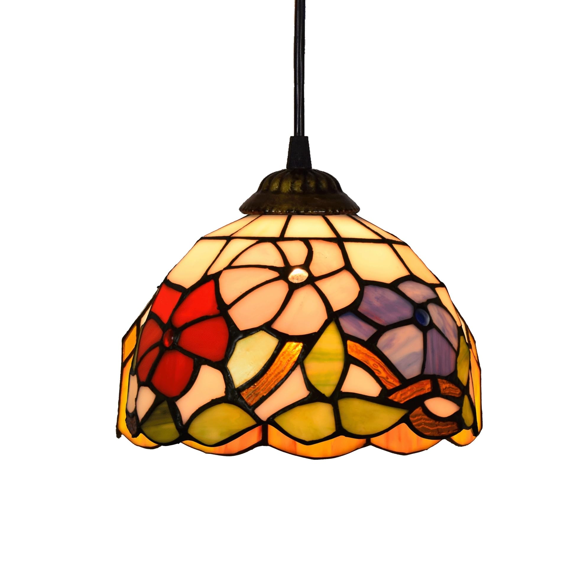 HJRegaFimu 8 Inches Small Lamp Stained Glass Ceiling Pendant Light Vintage Deco Tricolour Petunia Hanging Chandelier For Bedroom Kitchen Island Dining Living Room