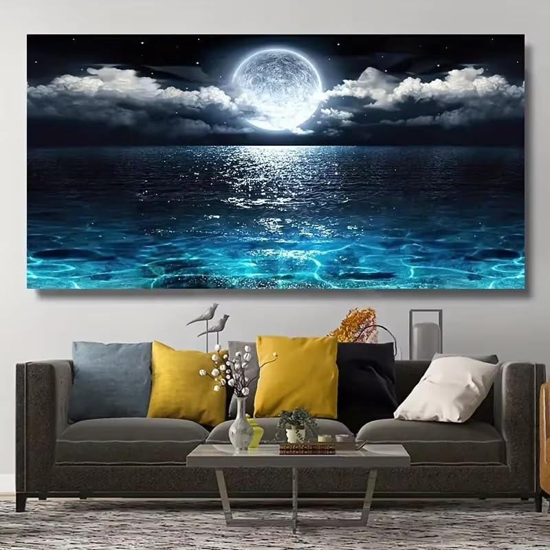 Impression de paysages modernes océan lune toile tendue 65x130 pour habiller un grand mur vide