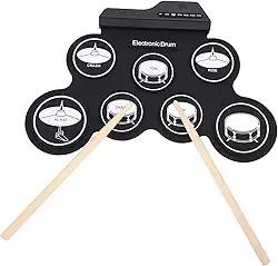 Asixxsix Conjunto de Bateria Elétrica, Kit de Bateria Eletrônica Portátil Roll Up de 7 Pads Com Alto-falante Embutido e Entrada de MP3, 5 Tons de Bateria, 8 Músicas de Demonstração