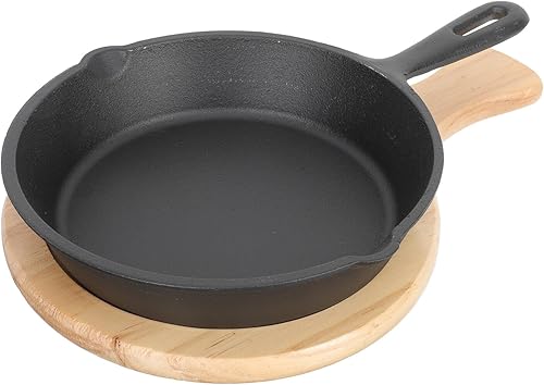 Sartén antiadherente de hierro fundido grueso con mango y tabla de madera, sartén de cocina para el hogar para huevos, panqueques, pizza y carne,