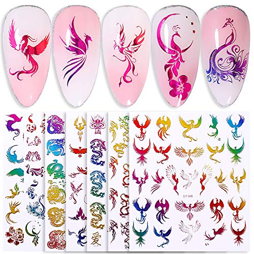 Houchu 14 Sheet Nail Stickers 3D Nail Art Stickers Gold Bronzing Dragon Pattern Transfer Decals Colorful Phoenixs Nail Foils