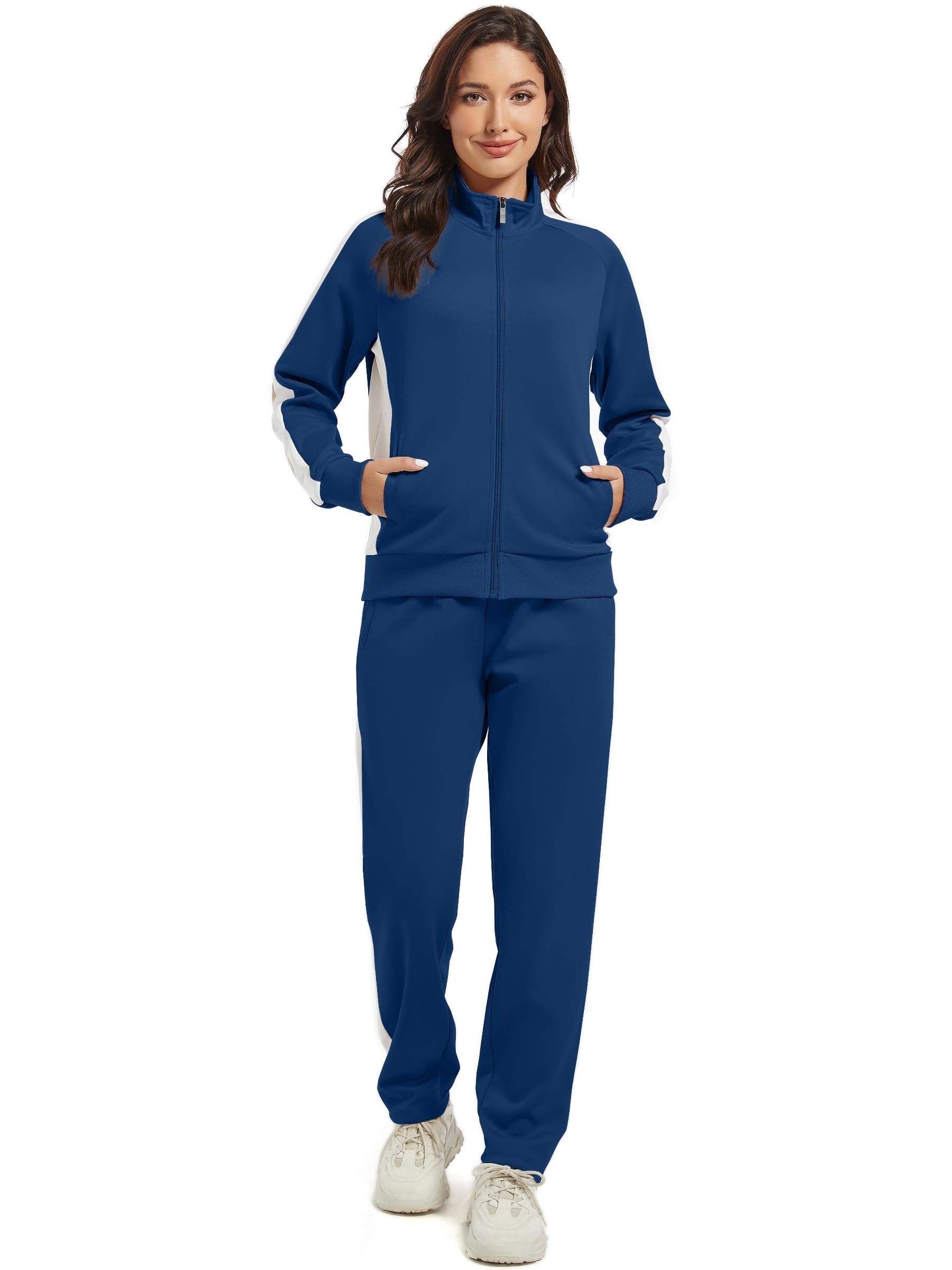 Conjunto deportivo de 2 piezas con cremallera completa para mujer, manga larga, casual, para correr, entrenamiento, gimnasio, con bolsillos