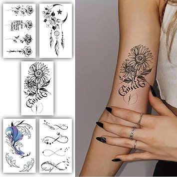 S.A.V.I 5 Sheets Temporary Tattoo Stickers - Waterproof & Long-Lasting - Floral, Feather, Dreamcatcher & Script Designs - Easy to Apply & Remove - 10.5x6cm - Body Art