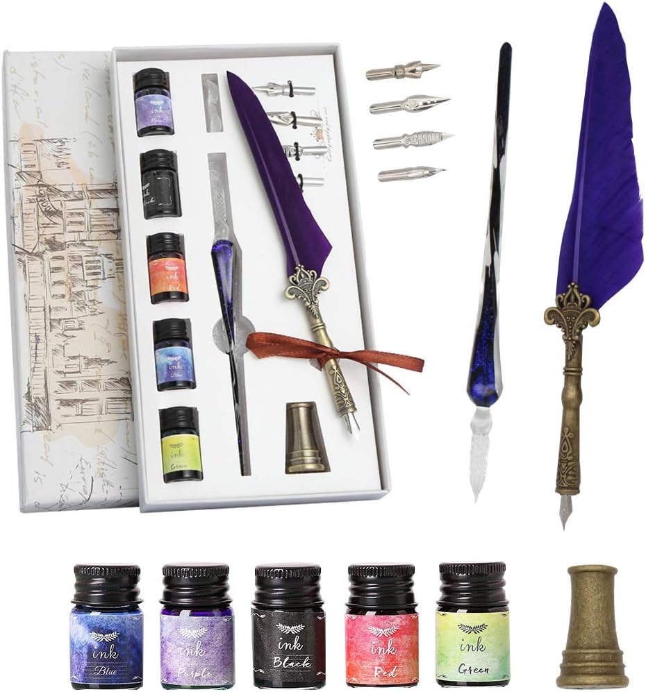 SIPLIV Lot De 7 Stylos à Plume En Verre Faits à La Main, Motif Ciel étoilé étincelant, Stylo De Calligraphie Vintage, Coffret Cadeau De 7 Pièces Avec Encre De 5 Couleurs, 1
