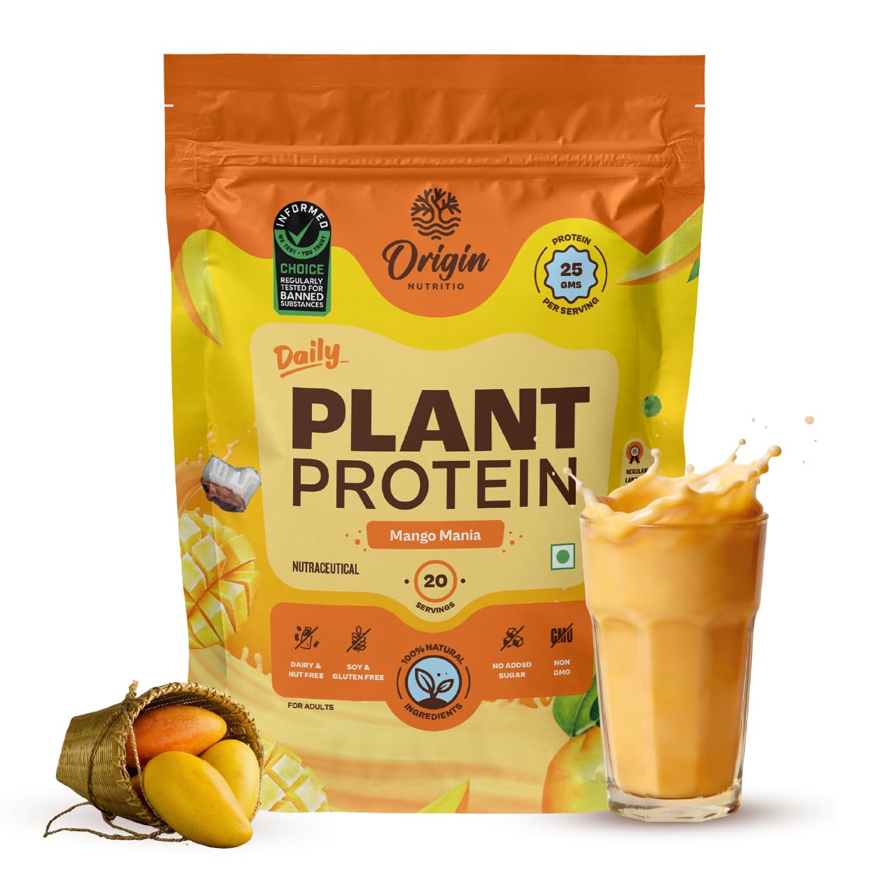 Origin Nutrition 100% Natural Plant Based Protein Powder, 821 gm, European Pea Protein Isolate & Pumpkin Seed, Mango Flavour with 25g per Protein Per Serve