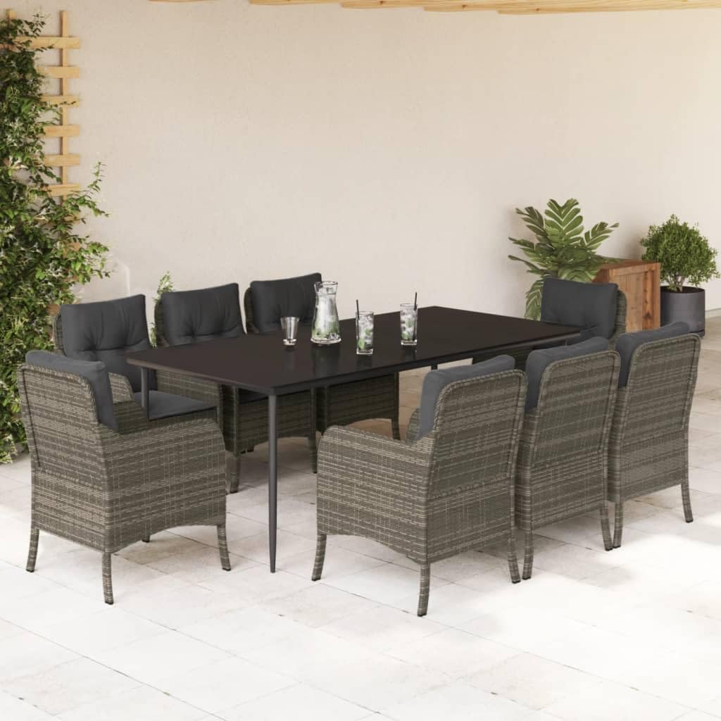 3211954 9 Piece Garden Dining Set with Cushions Grey Poly Rattan Rattan Garden Furniture Set Dining Table and Chairs Stools Set Outdoor Patio and Conservatory - Image 2