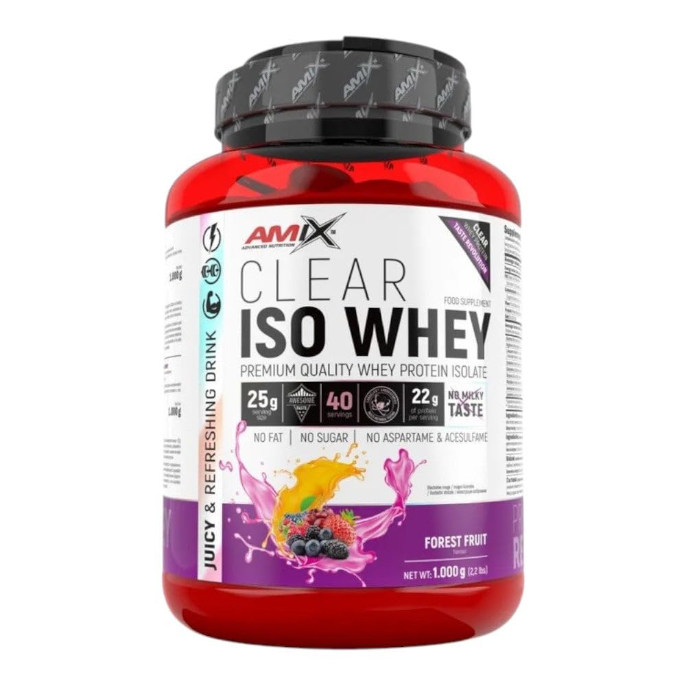 Amix Clear Iso Whey Protein 1 Kg - Aisaldo de Proteína de Suero Cristalina, Sabores Refrescantes/​Promueve el aumento y mantenimiento de la masa muscular + Fácil Disolución Sabor Frutas del Bosque