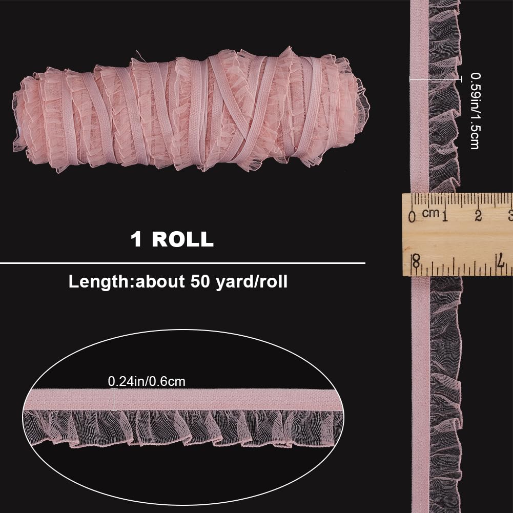 GORGECRAFT 50 Yards Chiffon Elastic Lace Trim 1.5cm Nylon Ruffle Pleated Stretch Band Frilly Lace Spandex Ribbon Roll Spool for Hair Tie Headband Lingerie Underwear Sewing Crafts Home Decoration Pink - Image 2