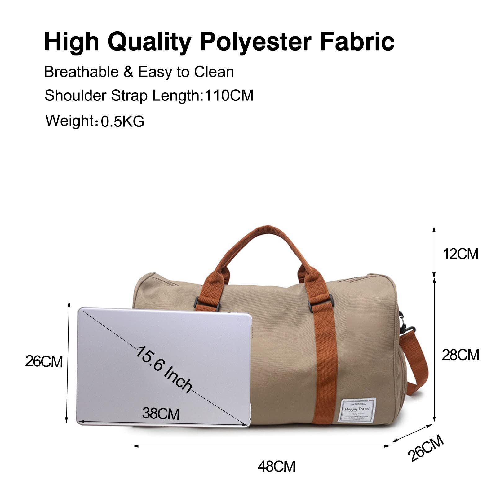 FANDARE Borsone da Viaggio Borsone Palestra Sportiva Borsa Palestra Borsa Sportiva Weekender Donna Uomo Piscina Palestra Borsa a Spalla Grande Capacità Borsa a Tracolla con Scomparto Scarpe Cachi