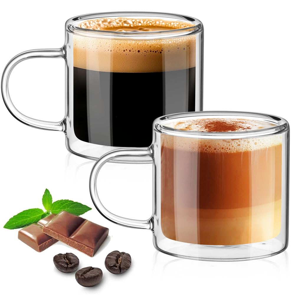 TKNO 2 Pack 280ml Double Walled Glass Tea Cups – Insulated Clear Coffee Mugs with Handles, Borosilicate Espresso & Latte Cup Set, Heat Resistant, Dishwasher Safe — image 1