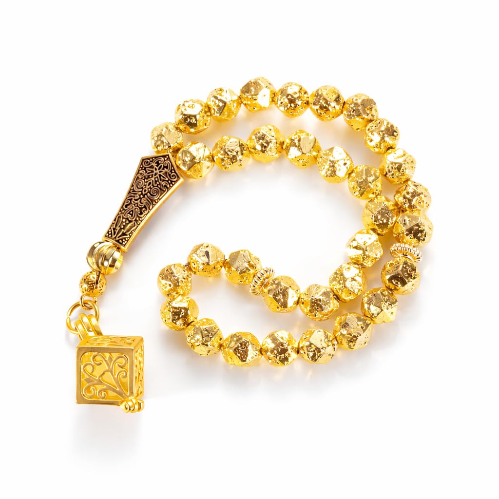 Tasbih mit 33 Perlen aus goldfarbenem Lavastein | Gebetskette mit Leuchtwürfel Anhänger | Geschenkbox | Geschenk für Männer