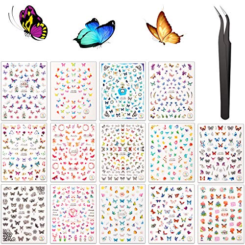 14 Sheets Nail Art Stickers Butterfly Nail Art Stickers Flower Nail Stickers Nail Decals Stickers Self-Adhesive Nail Stickers with Tweezers for Women Girls Fingernails Toenails Decorations