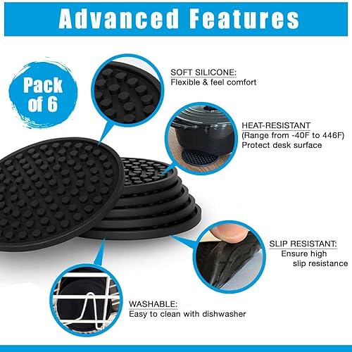 Miniatura 6 de Posavasos para bebidas, juego de 6 unidades negras, posavasos de alta calidad, posavasos con soporte, posavasos antideslizantes. Evita daños a