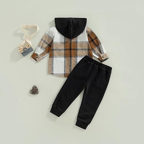 Miniatura 3 de Ropa de bebé niño pequeño camisa de franela con capucha y botones pantalones de chándal para niños conjunto de trajes de otoño e invierno