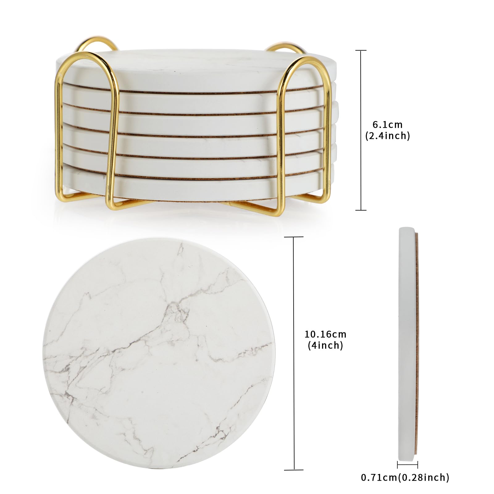 Posavasos con Soporte - Juego De 6 Posavasos Absorbentes - Coasters - Base Antideslizante - Absorción Rápida De Agua - Diseño De Mármol