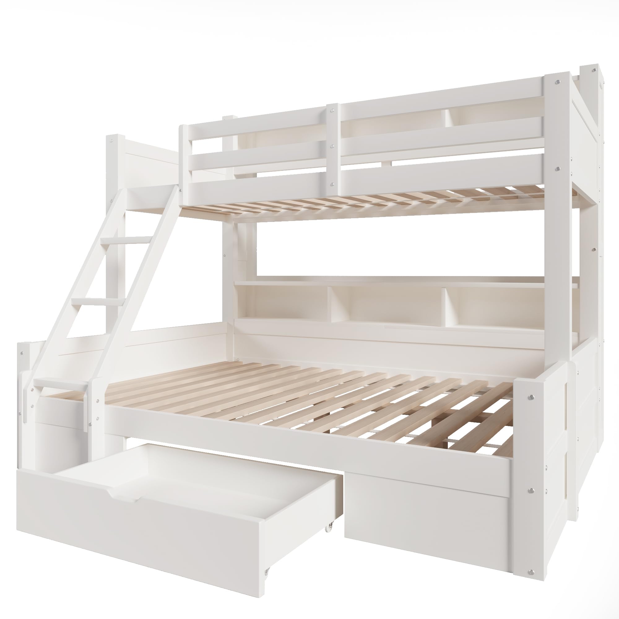 Litera de 90(140) x200 cm con Luz LED y Compartimentos Abiertos, Cama Litera Matrimonio con Cajón y Escalera, Cama Infantil Literas Infantiles con Barandilla Anticaída, Sin Colchón, Blanco