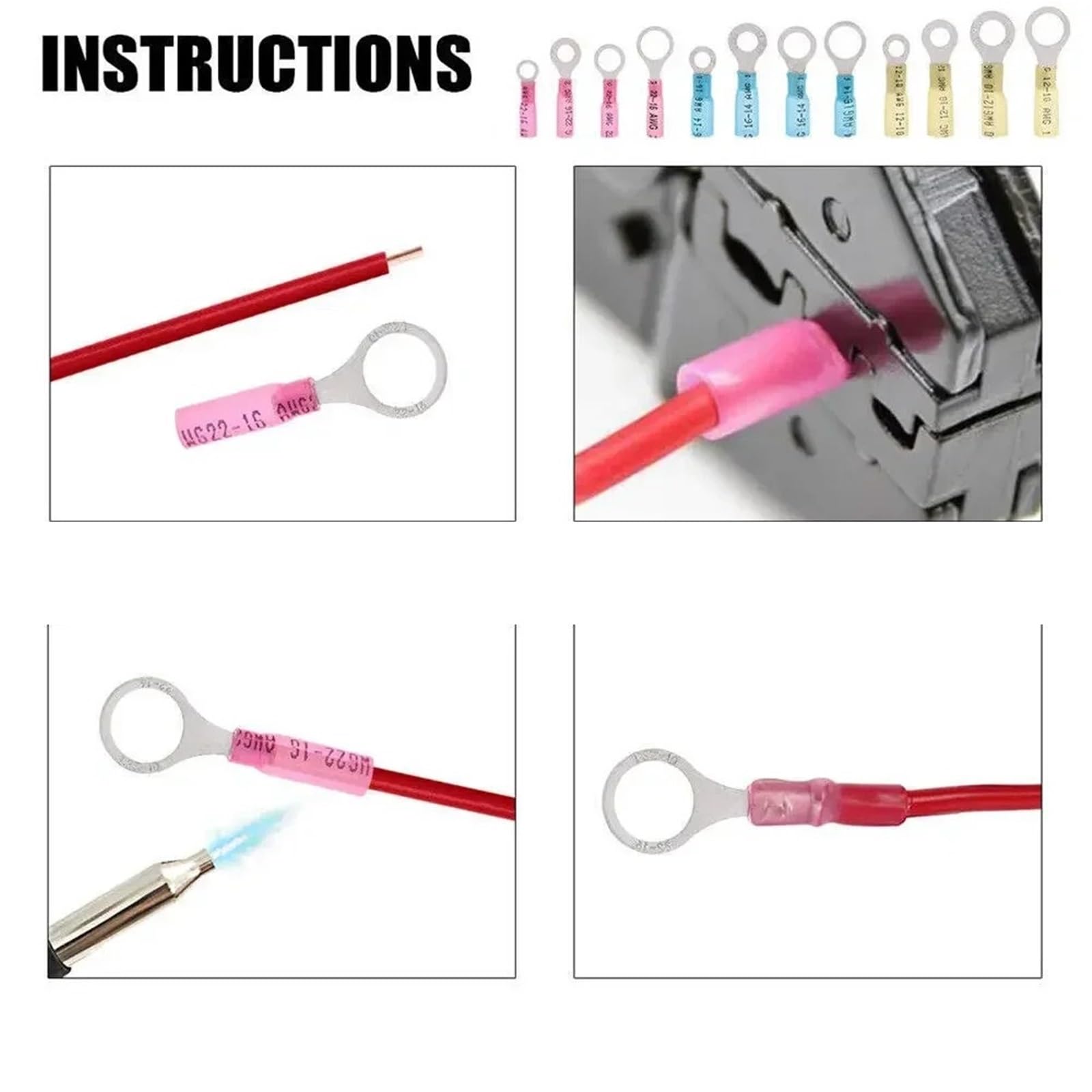 180 pièces M5 M6 M8 M10 cosse à anneau thermorétractable isolé étanche câblage électrique bornes sertir 22-10AWG Pour Voiture Industriels