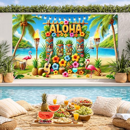 Image of BlissYard Aloha Banner 71 x 43 Inch Hawaiian Luau Backdrop with Tiki Masks Flamingo Hibiscus Palm Tree, Tiki Party Decorations for Summer Beach Photo Booth Wall Decor