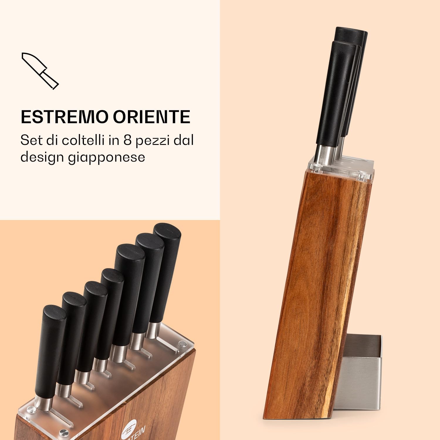Klarstein Coltello da cucina, set di 7 coltelli da cucina professionale con blocco, set di coltelli e utensili da cucina in acciaio inox, kit di supporto blocchi coltelli professionali, resistenti ai