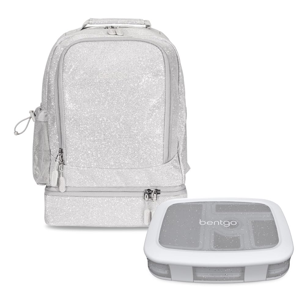 Bentgo Kids 5-Compartment Lunch Box With Kids 2-in-1 Backpack Insulated Lunch Bag Glitter Edition - Silver