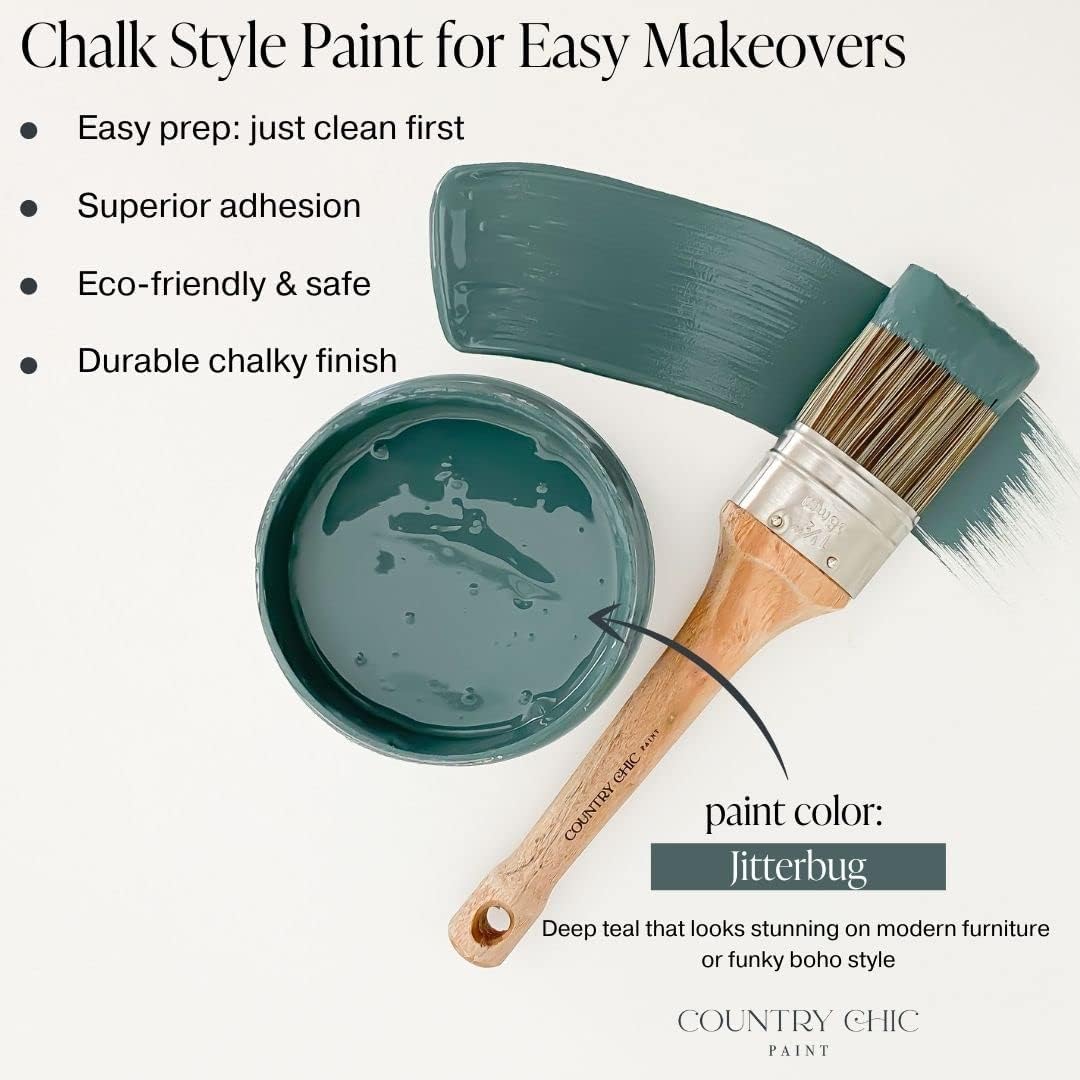 Chalk Style Paint + Clear Coat + Paint Brush Bundle - for Furniture, Home Decor, Crafts (Color: Jitterbug [pint - 16 oz] - Dark Teal)