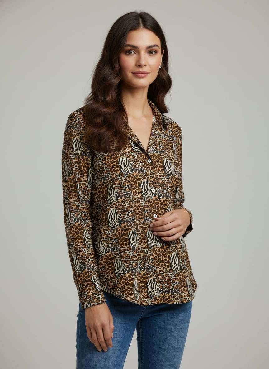 ANNI Designer Bedrucktes Damenhemd aus Baumwollmischgewebe, langärmelig, normale Passform, Hemdkragen, legere Bürokleidung, elegante Western-Kleidung für den Alltag, Hochzeit, Party