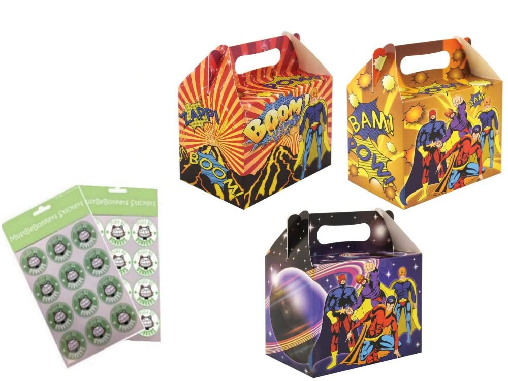 MustBeBonkers Superhero H/B Birthday Party Food Boxes - Childrens Birthday Party Picnic Loot Bag Plate Box Sticker Seals (25 Boxes)