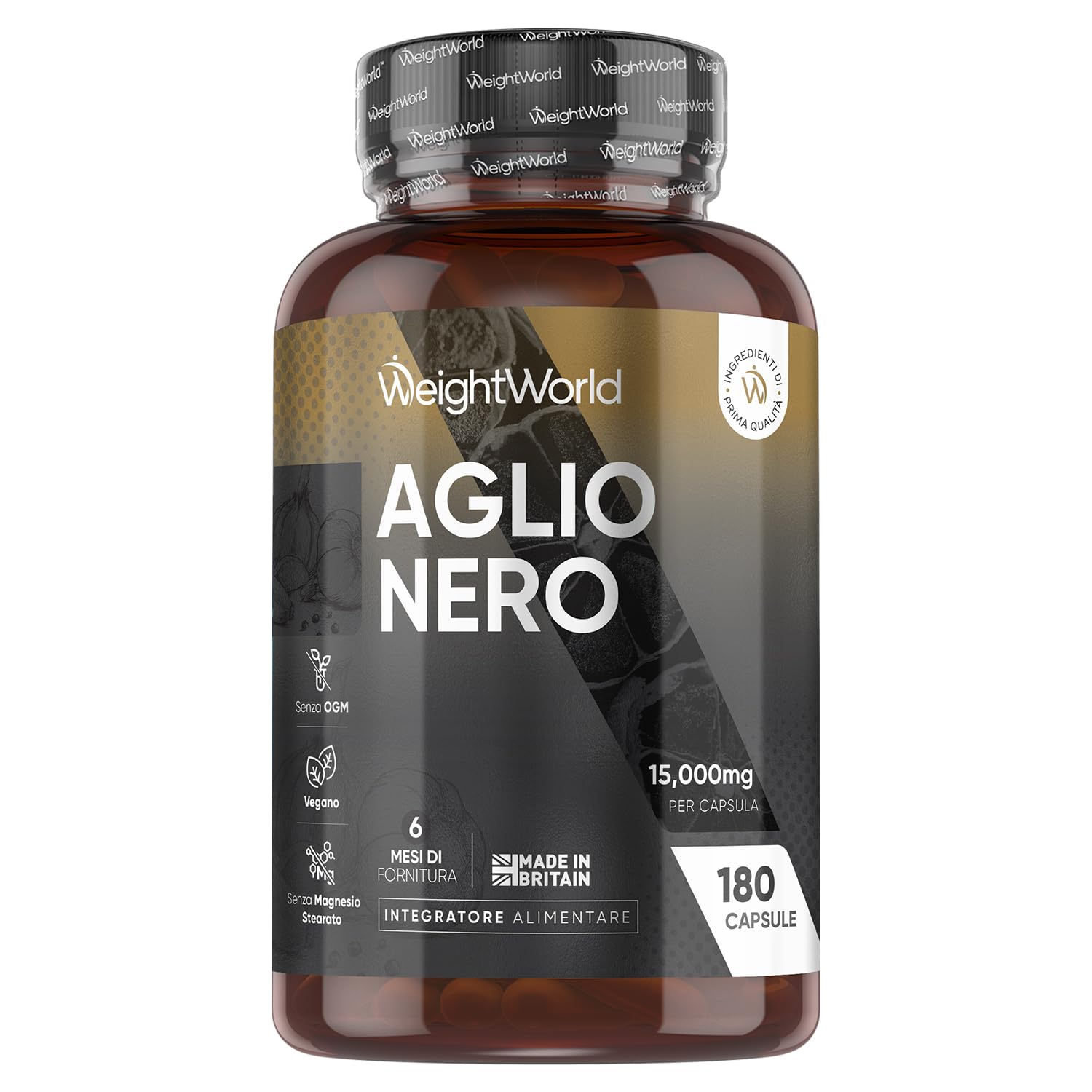Aglio Nero Fermentato, 6 Mesi di Scorta, Estratto 100:1, 1 Sola Capsula al Giorno, Vegano, 180 Aglio Nero Capsule da 15000mg Ciascuna, da Allium Sativum, Senza Glutine, Senza Magnesio Stearato né OGM