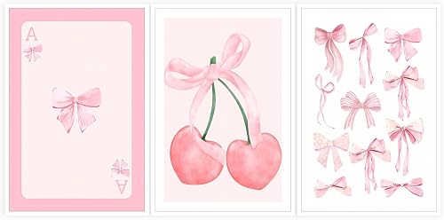 Trendy Pink Bows Wall Art Set of 3 Preppy Cherry Watercolor Bows Canvas Posters 