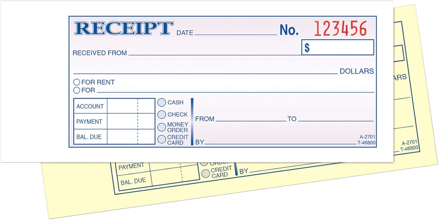 Adams Money and Rent Receipt Book, 2-Part, Carbonless, 2.75 x 7.19 Inch, 50 Sets, White and Canary (DC2701) : Blank Receipt Forms : Office Products